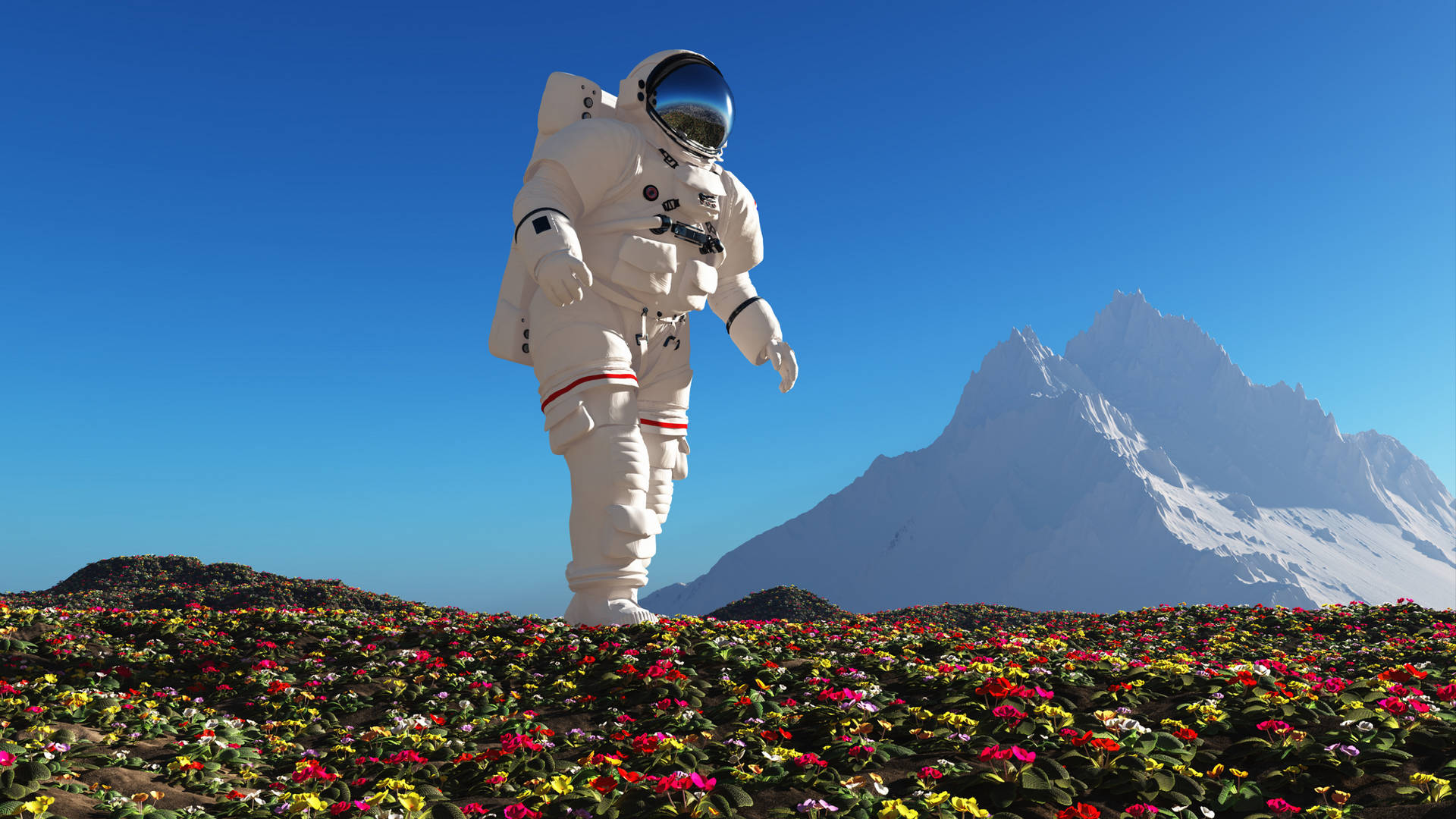Astronaut Walking On Roses Wallpaper
