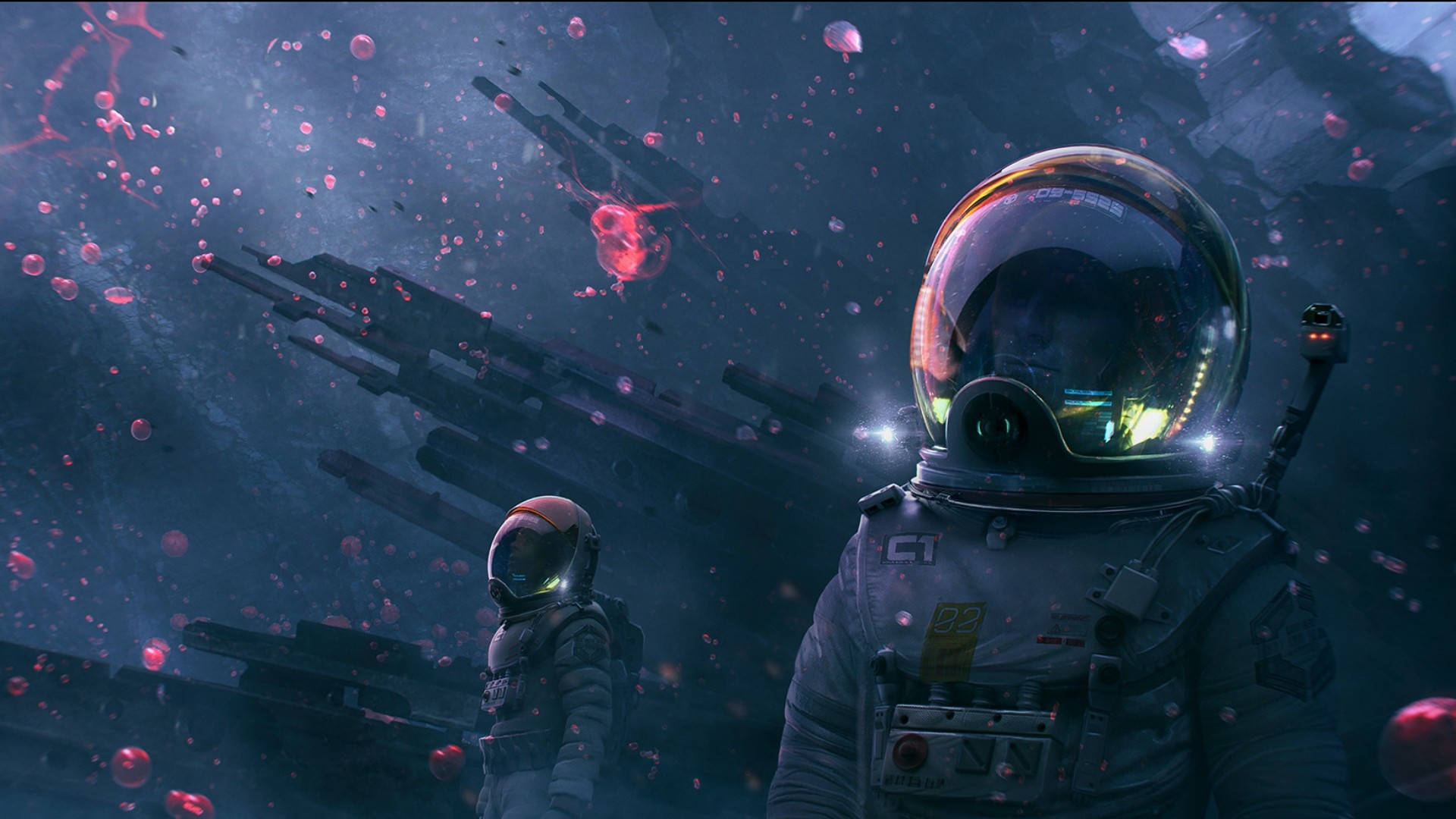 Astronauts Exploring An Unknown Dark Planet Wallpaper