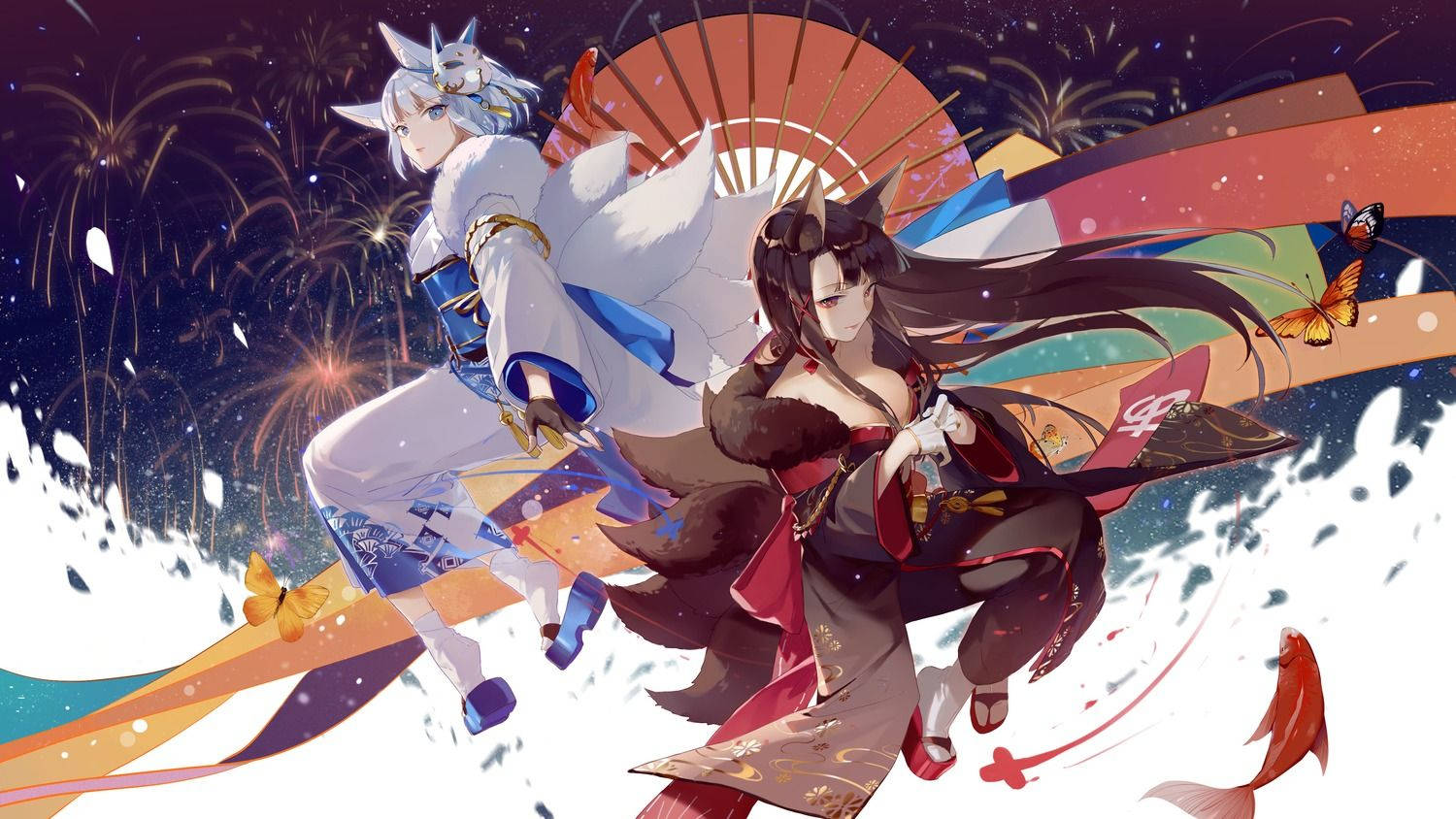 Azur Lane Kaga And Akagi On Fireworks Wallpaper