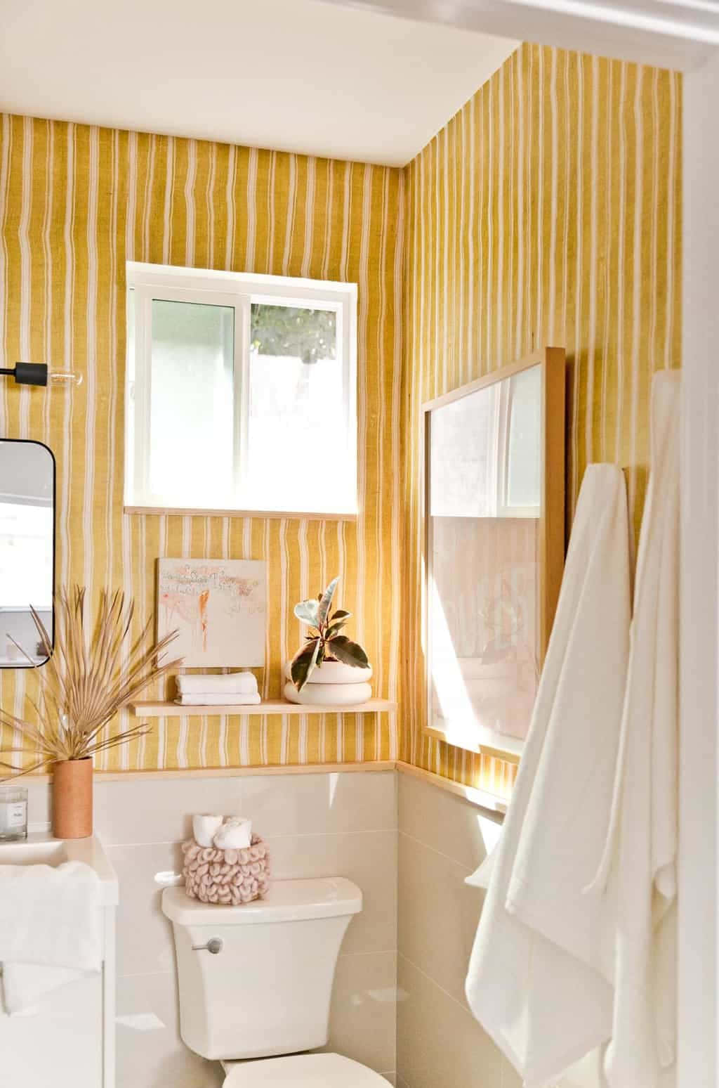 Bathroom Yellow Stripe Patterned Walls Wallpaper