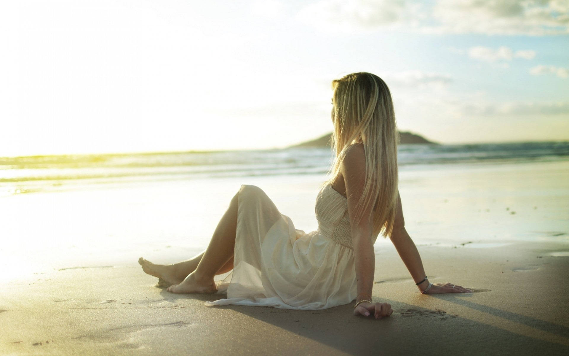 Beach Girl Wearing White Dress Wallpaper