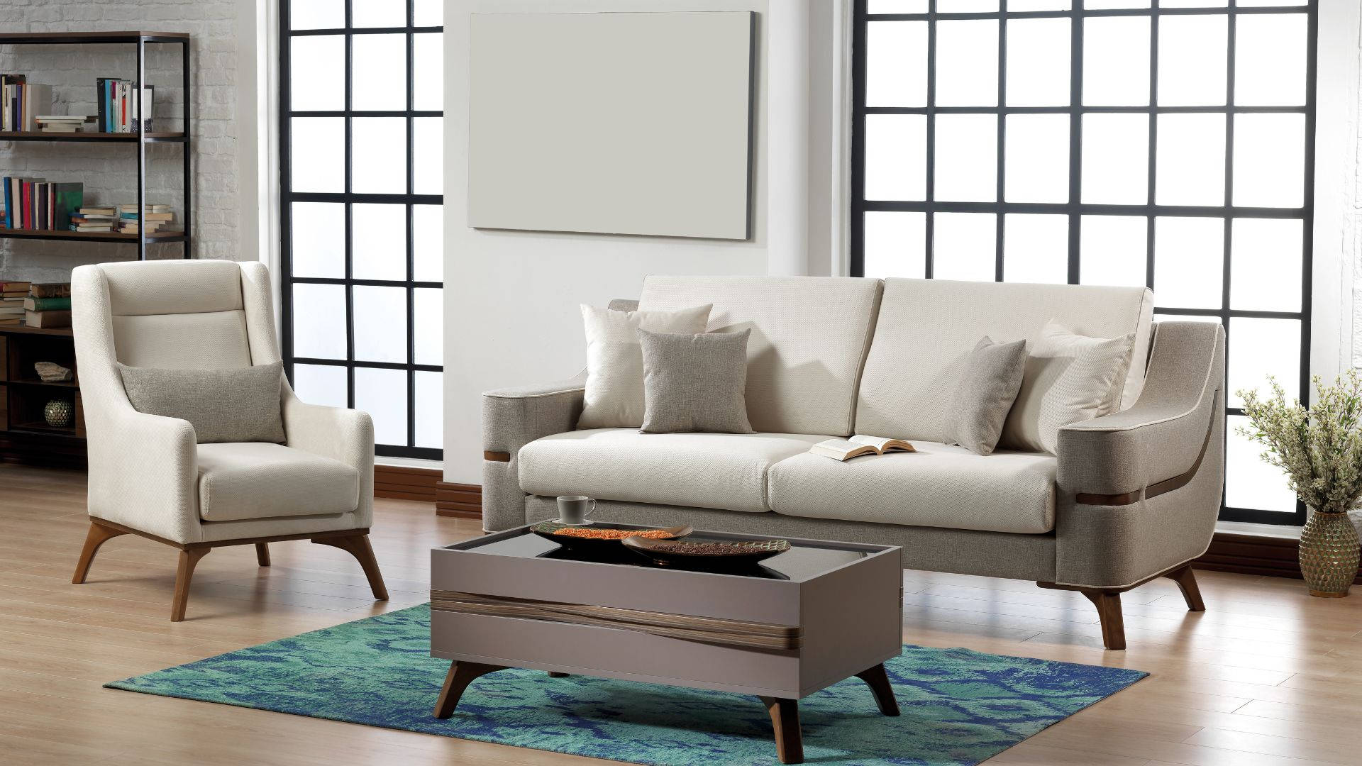 Beige-themed Living Room Furniture Wallpaper