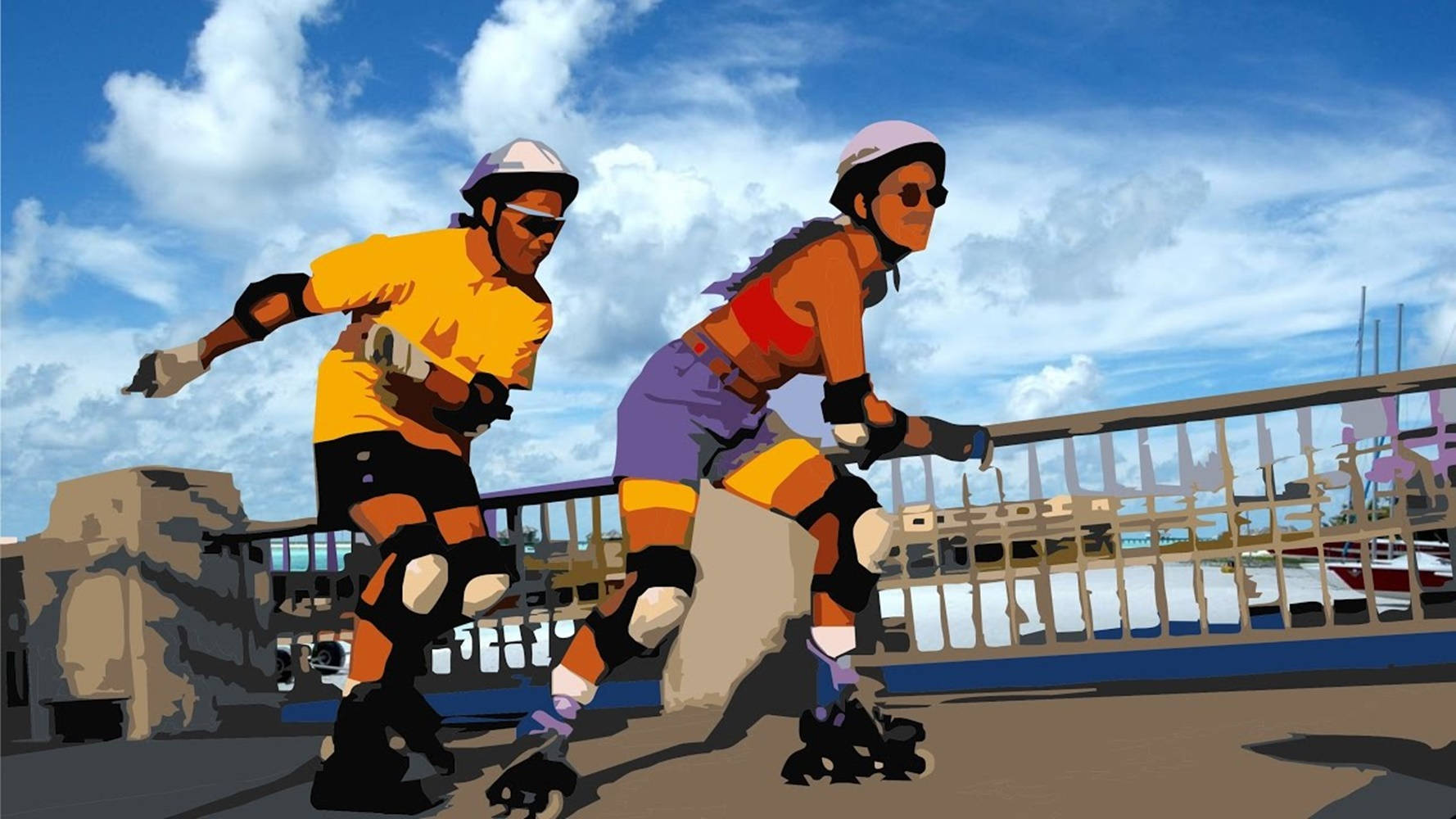 Bestfriends Rollerblading Vector Art Wallpaper