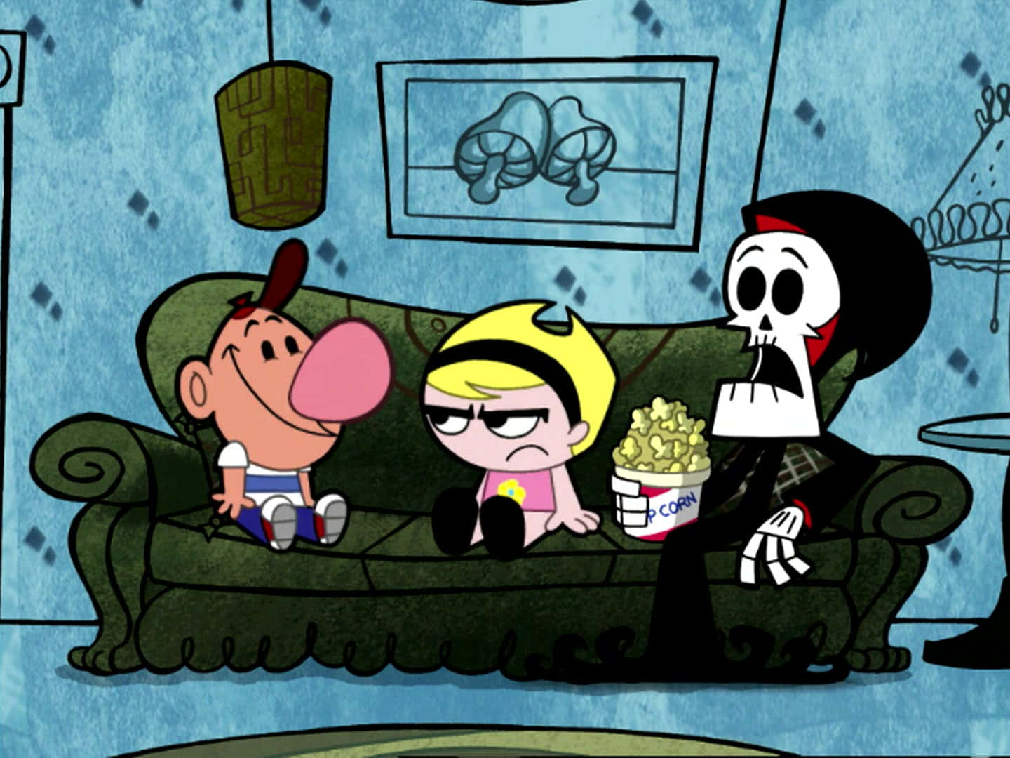 Billy, Mandy, And Grim Standing Together In A Spooky Graveyard In The Grim Adventures Of Billy & Mandy Wallpaper