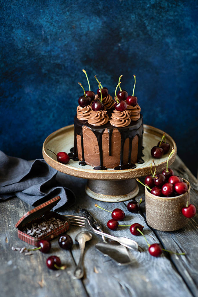 Birthday Cake With Gourmet Dark Cherries Wallpaper