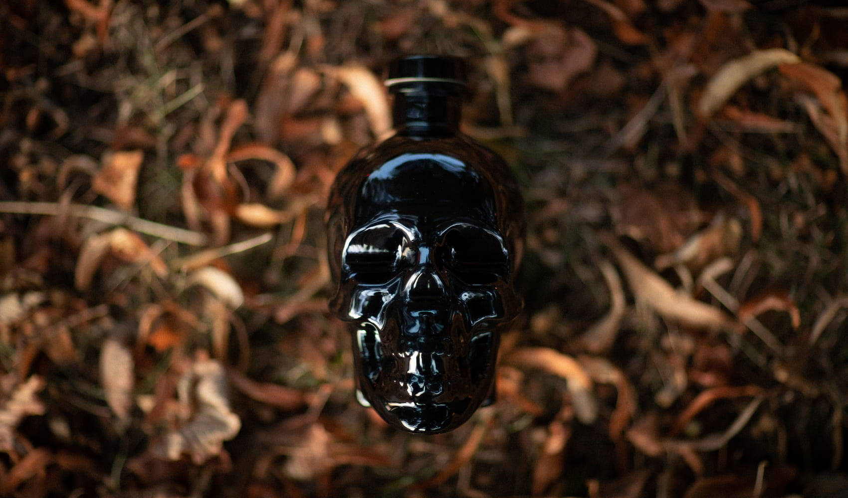 Black Crystal Head Vodka On Dried Leaves Wallpaper