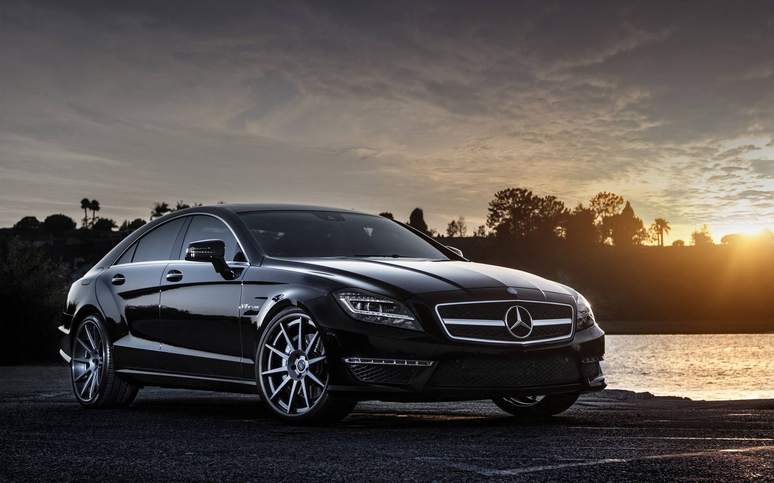 Black Mercedes-benz Sunset Lakeside Hd Wallpaper