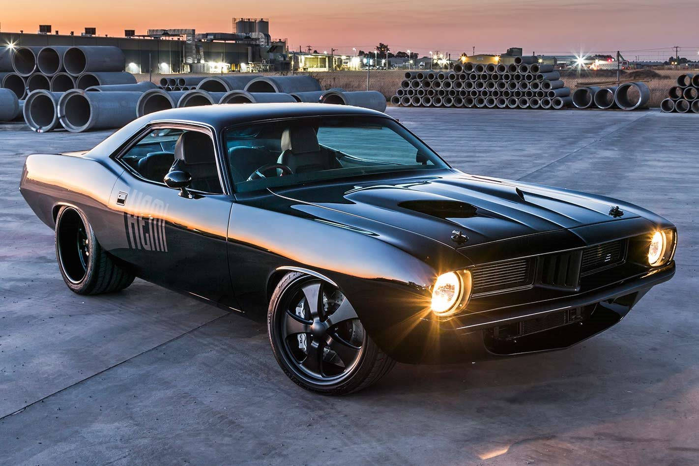 Black Plymouth Barracuda Construction Site Wallpaper