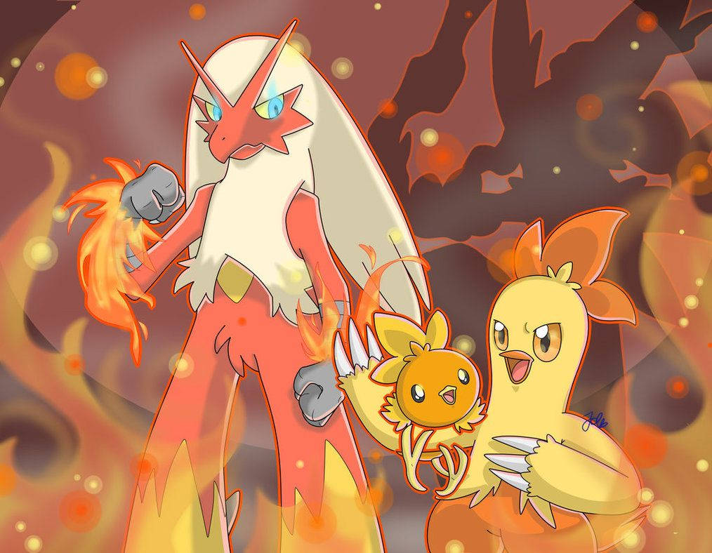 Blaziken Evolving From Torchic And Combusken - A Pokemon Evolutionary Stages Illustration Wallpaper