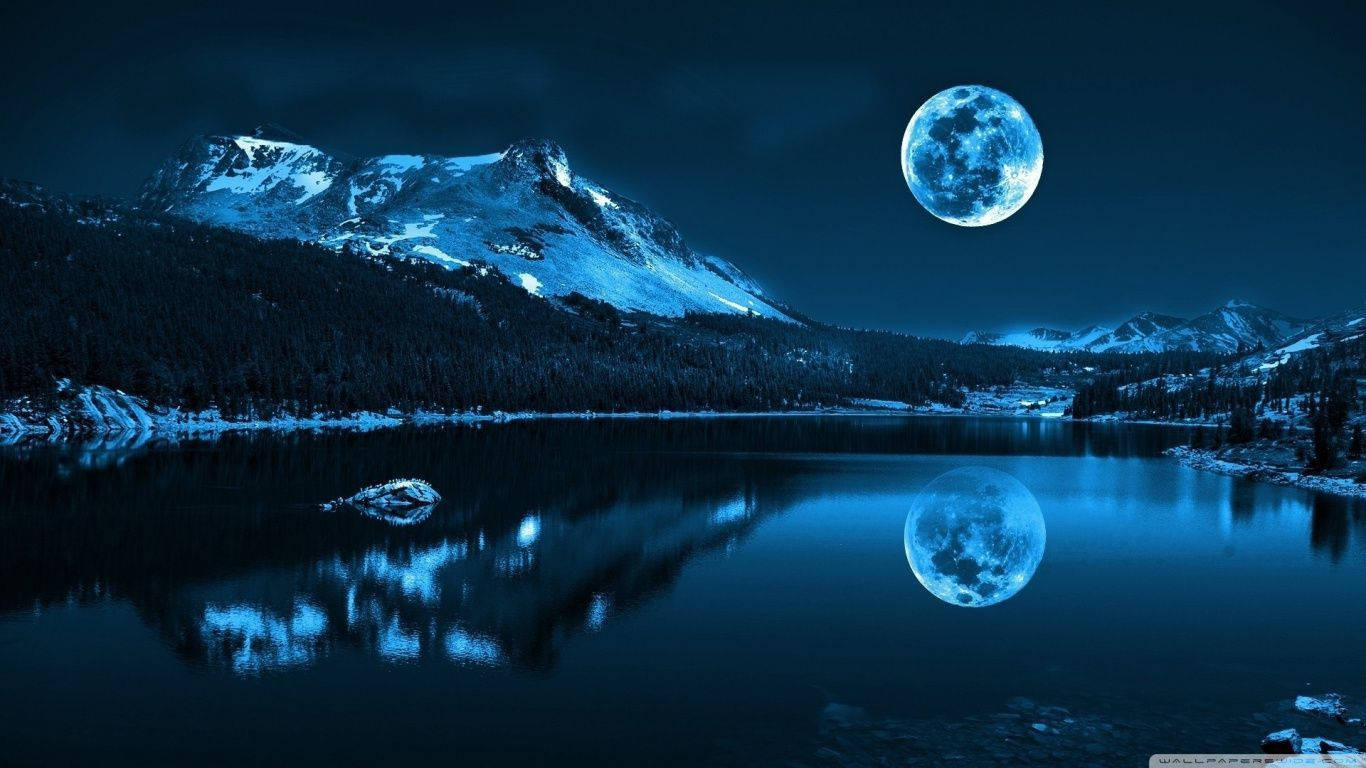 Blue Aesthetic Lake Full Moon Wallpaper
