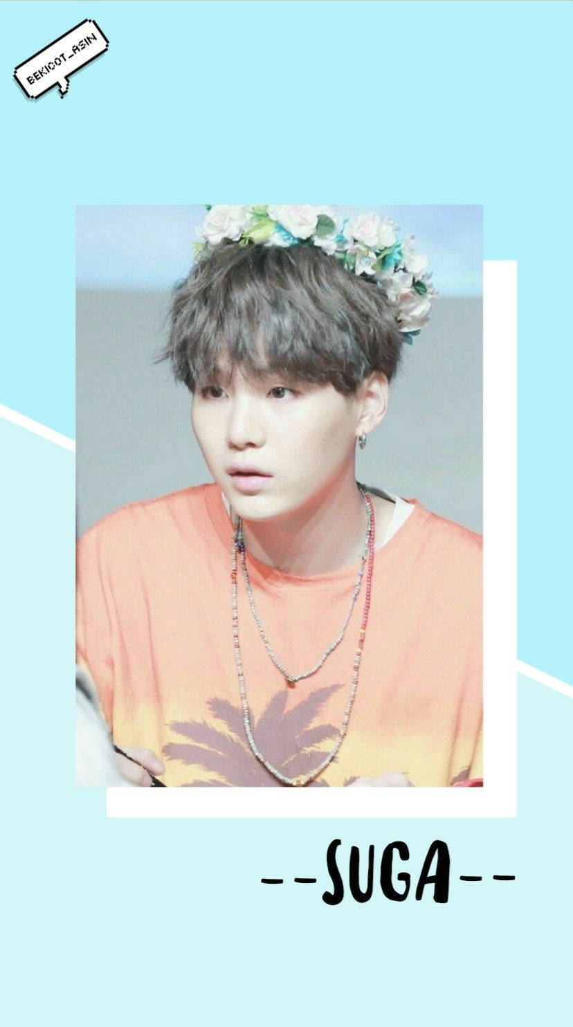 Blue Bts Suga Cute Flower Crown Wallpaper