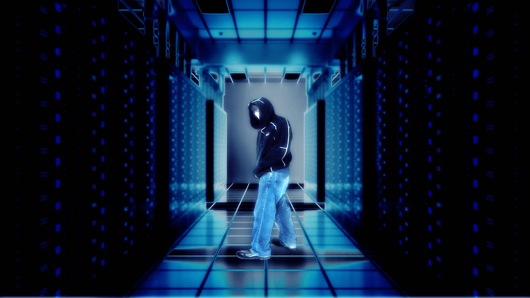 Blue Hacker On Hallway 3d Wallpaper