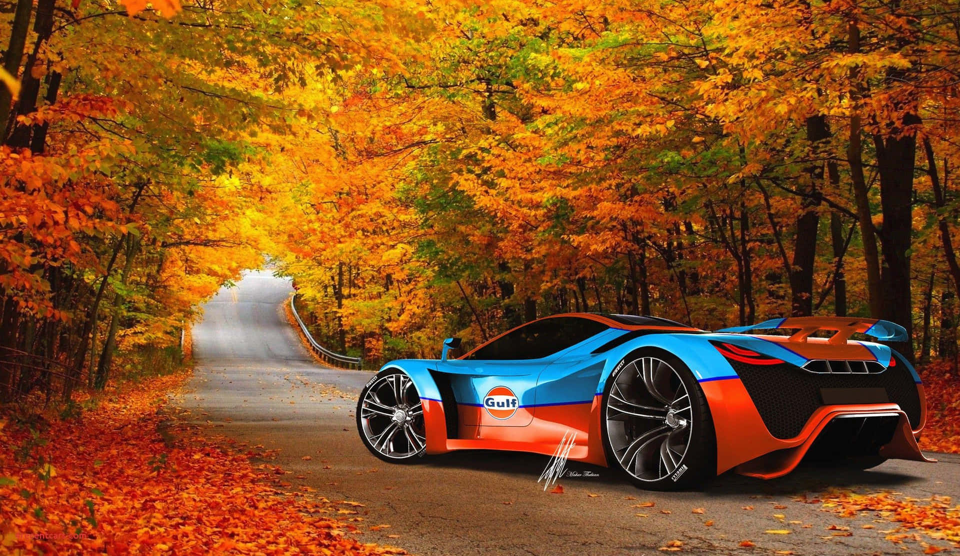 Blue Orange Ferrari Parked Autumn Expensive Wallpaper