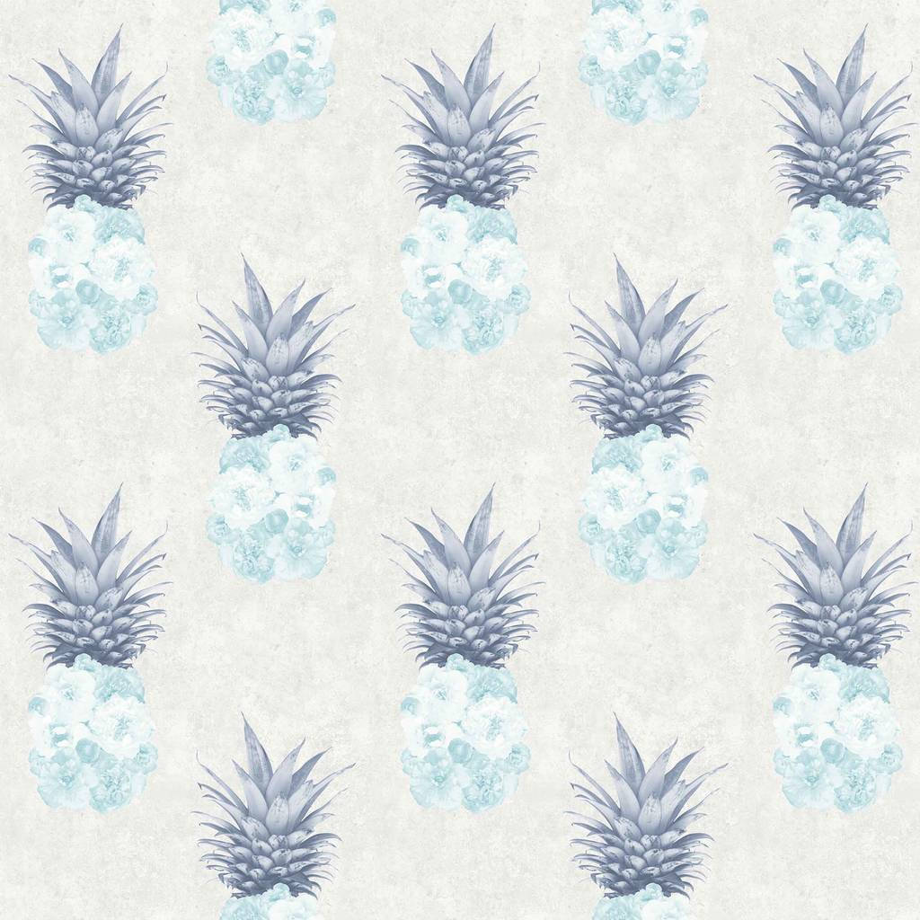 Blue Peonies Pineapple Pattern Wallpaper
