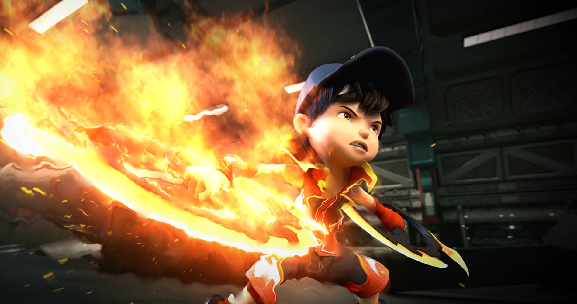 Boboiboy Hd With Burning Fire Chakrams Wallpaper