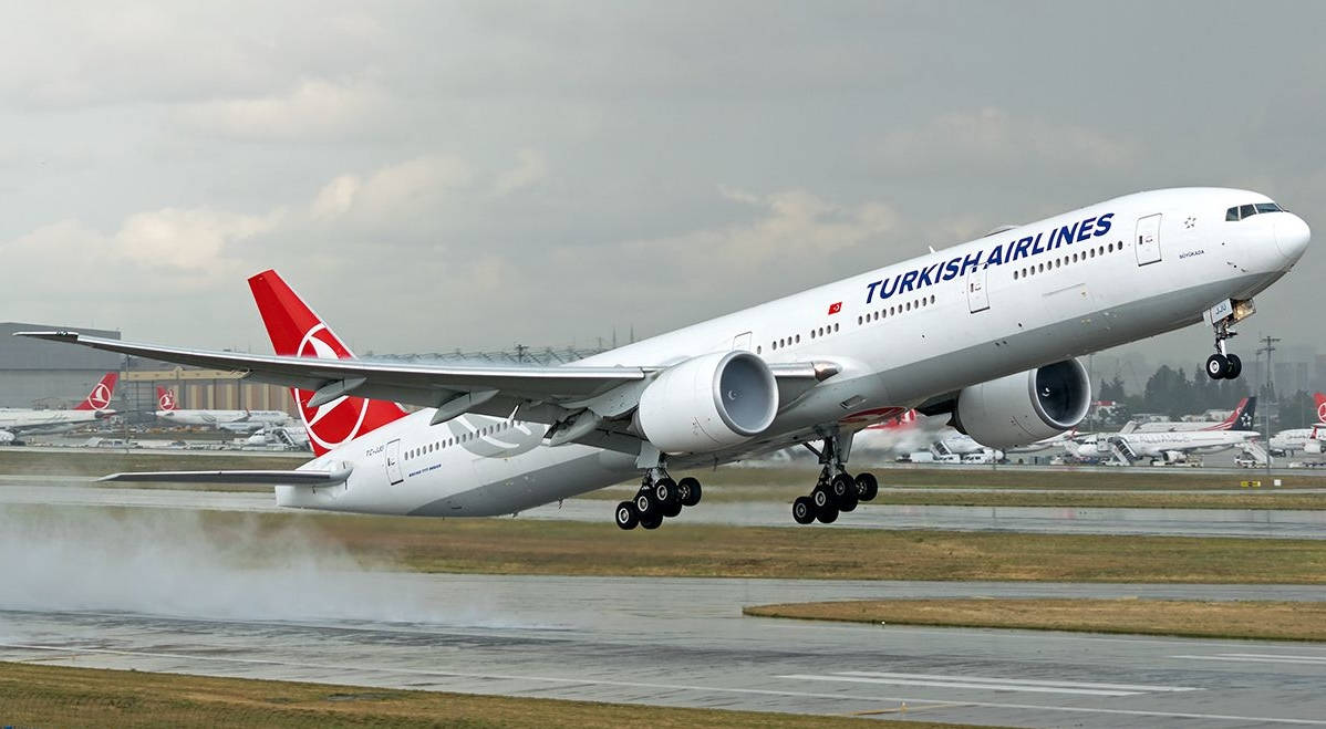 Boeing 777-3f2er From Turkish Airlines In Take-off Wallpaper