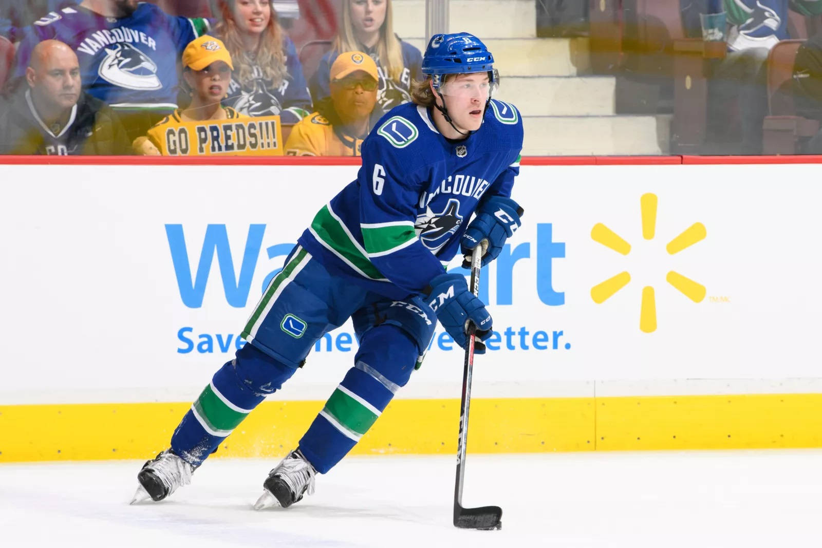 Brock Boeser In Action During A Vancouver Canucks Vs Nashville Predators Match. Wallpaper