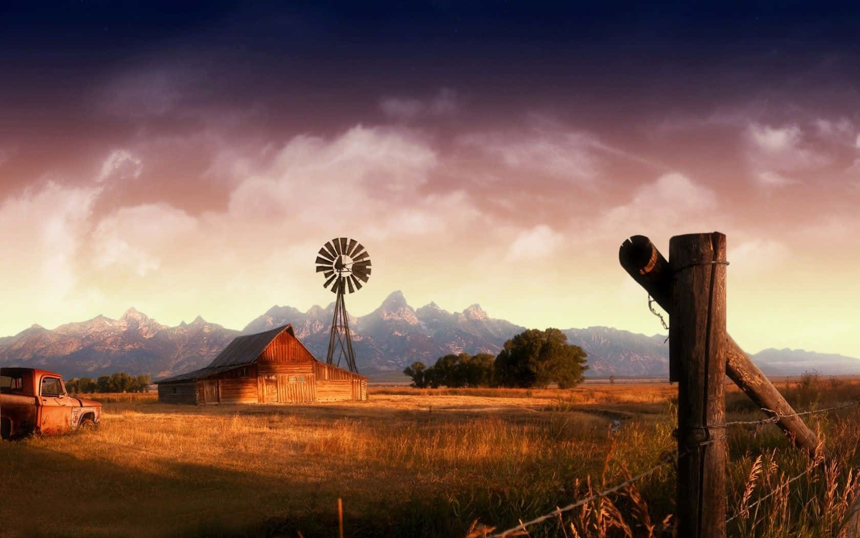 Broken Fences Near A Farmhouse Desktop Wallpaper