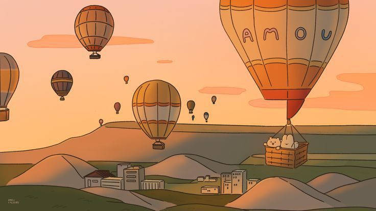 Brown Aesthetic Hot Air Balloon Cartoon Laptop Wallpaper