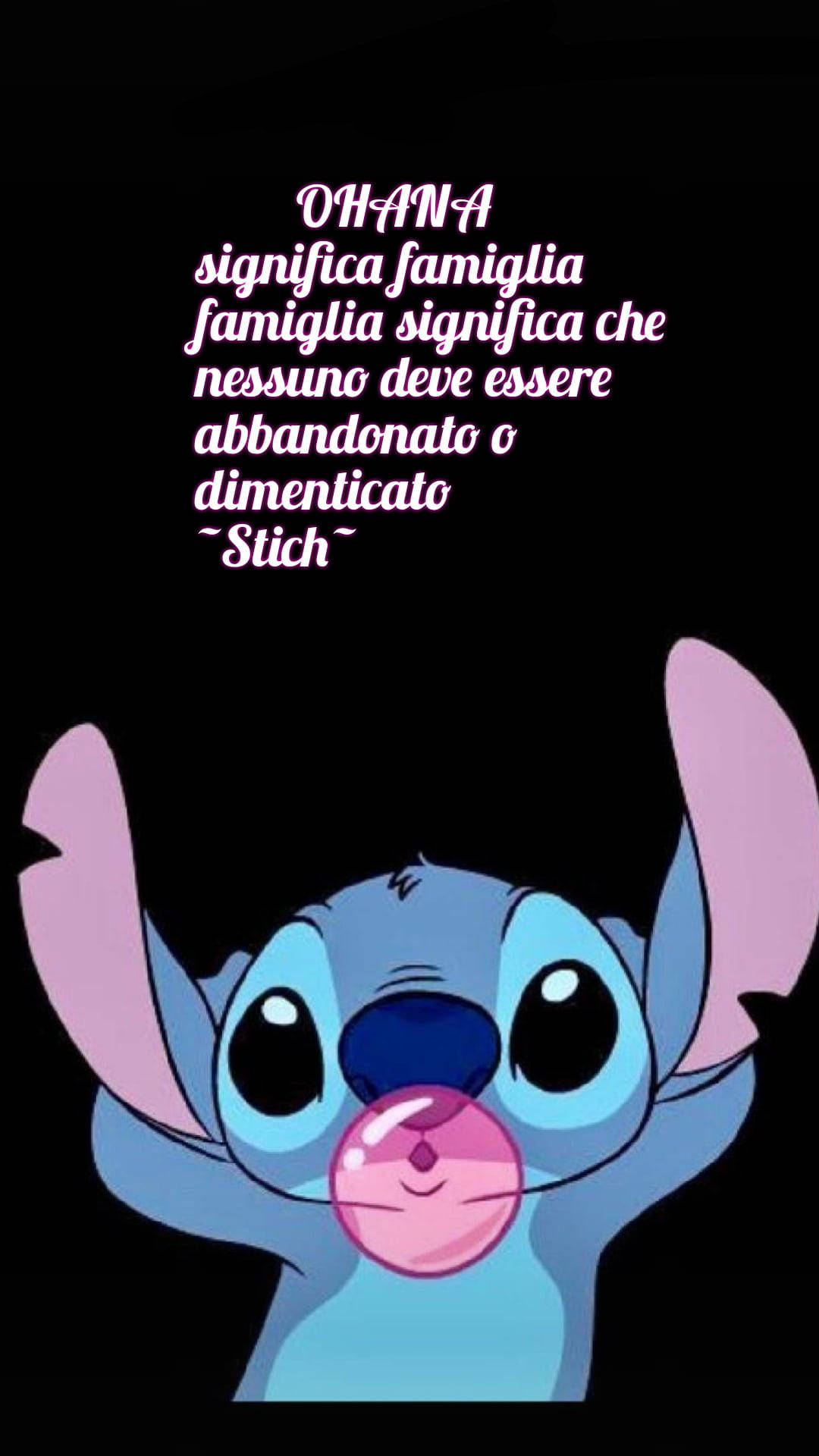 Bubblegum-blowing Stitch Ohana Quote Wallpaper