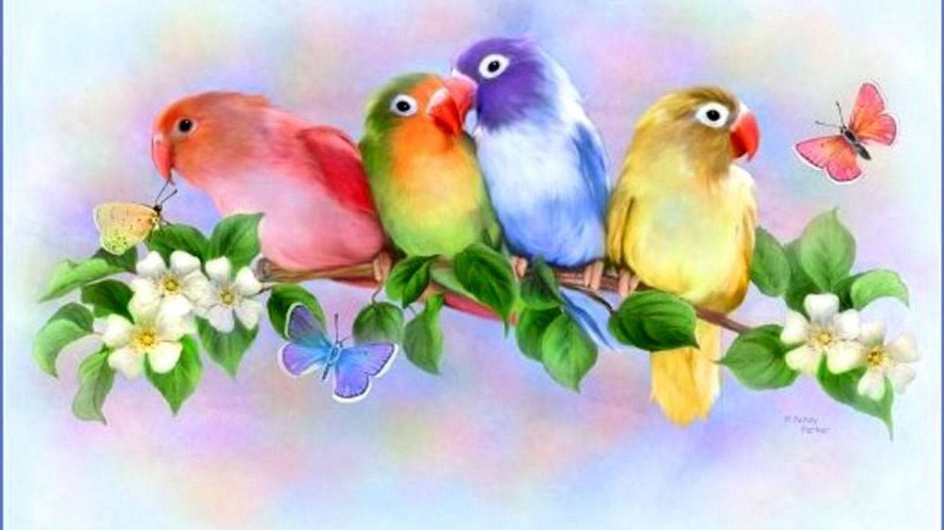 Butterfly And Love Birds Wallpaper
