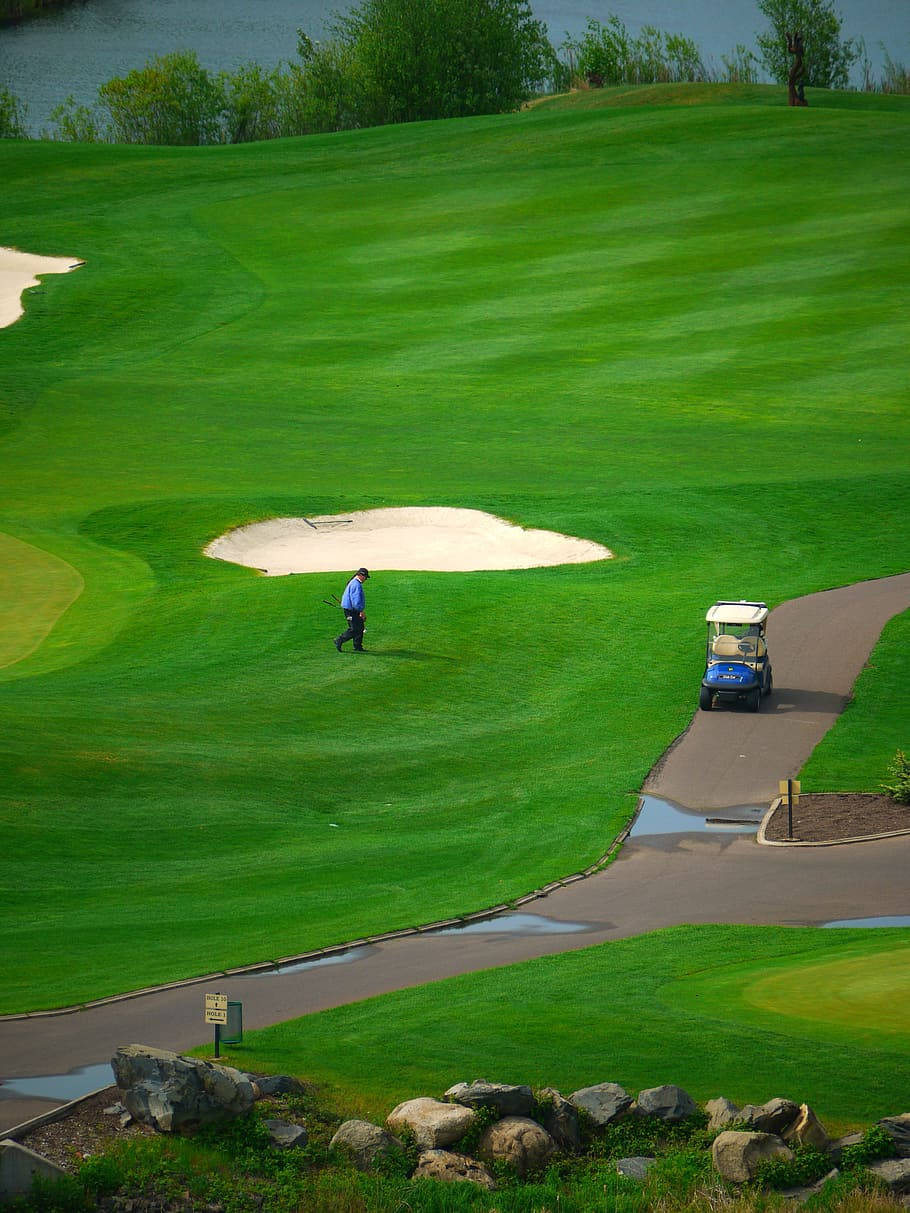 Caddie Using Golf Phone On Green Field Wallpaper