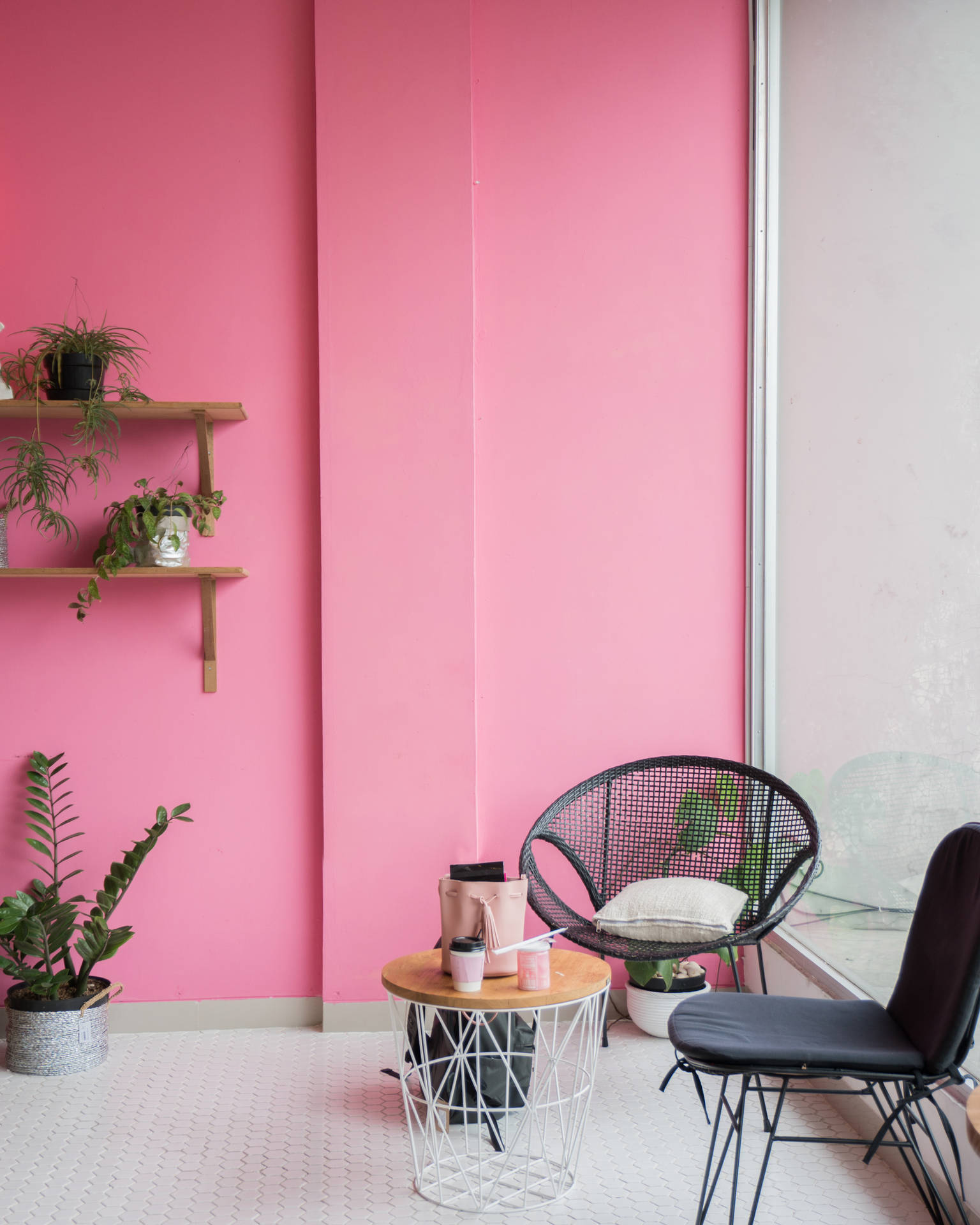 Cafe With Kawaii Pink Wall Wallpaper