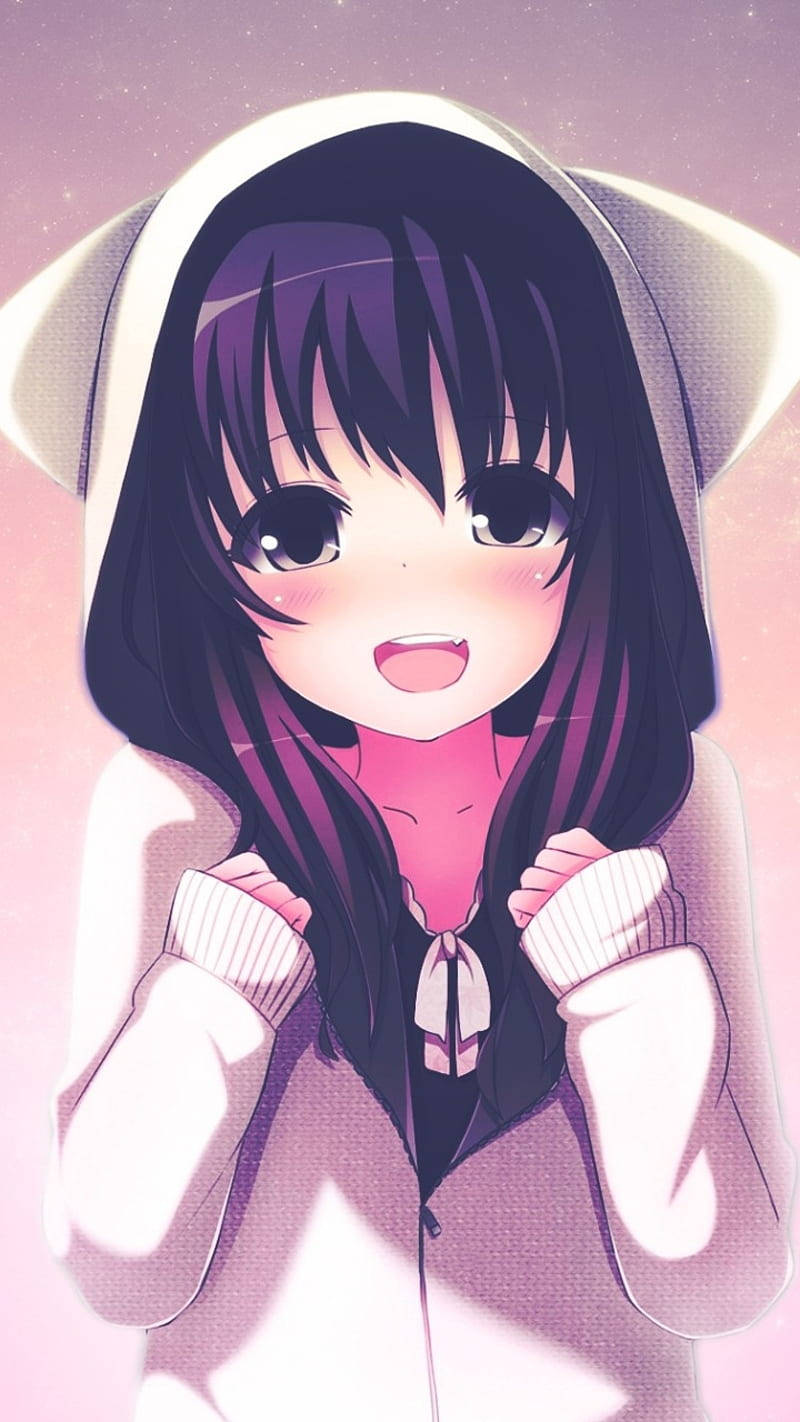 Caption: Adorable Kawaii Girl In Hoodie Wallpaper