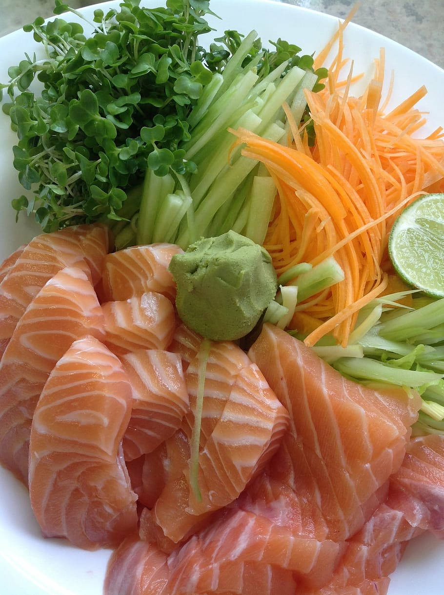 Caption: Delightful Salmon Sashimi Platter With Fresh Veggie Accents. Wallpaper