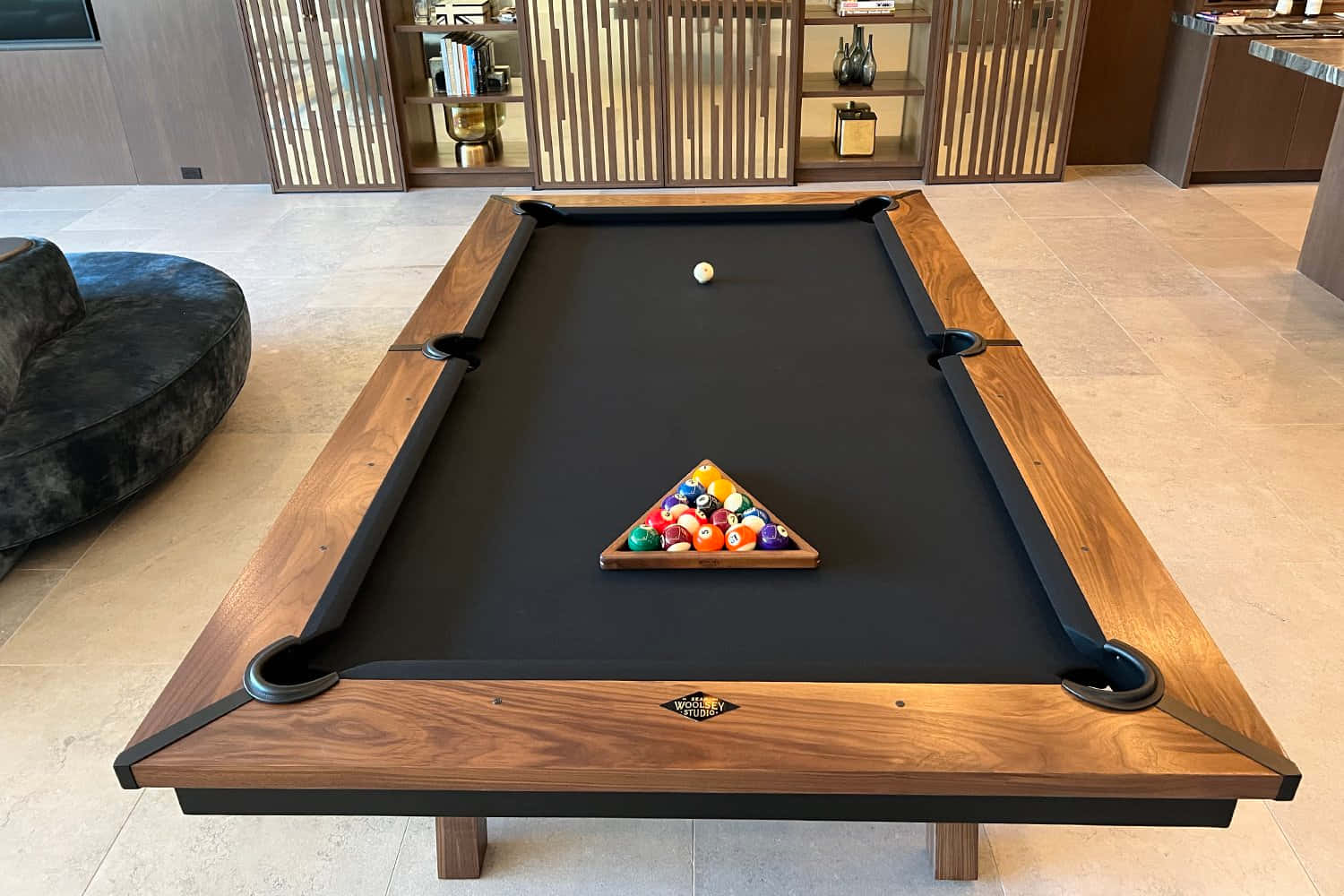 Caption: Elegant Black Wooden Pool Table Wallpaper