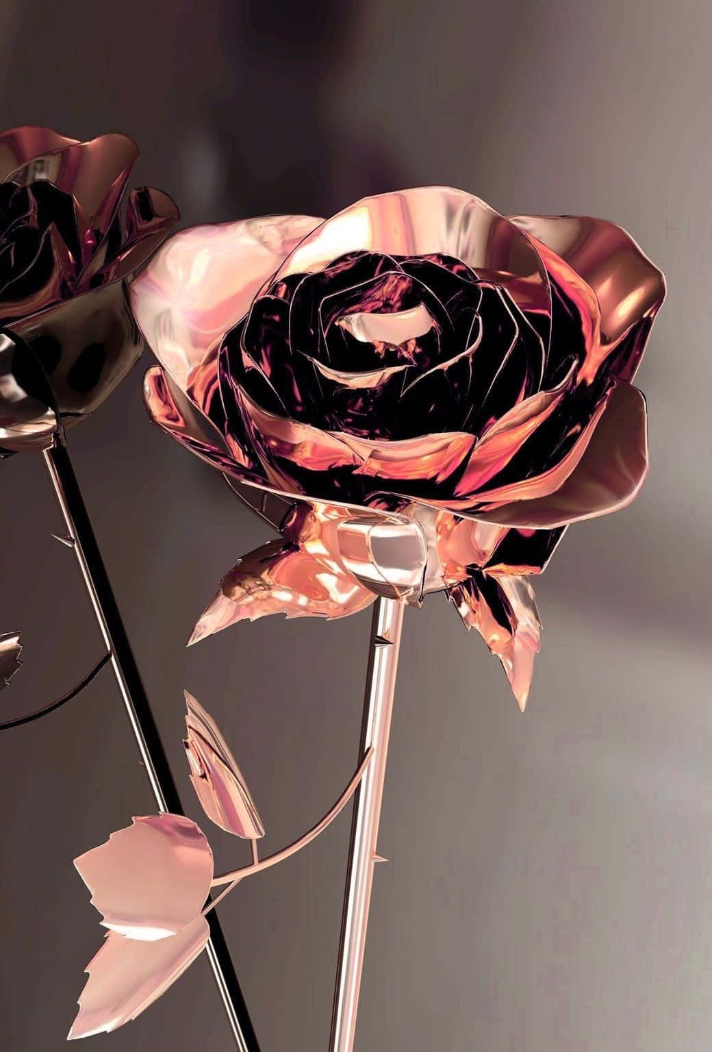 Caption: Elegant Rose Gold Phone Featuring Metallic Rose Flower Design Wallpaper