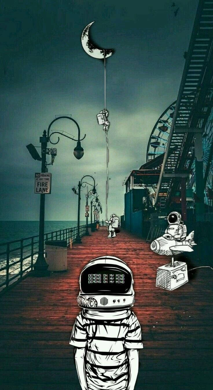 Cartoon Astronaut At The Pier Wallpaper