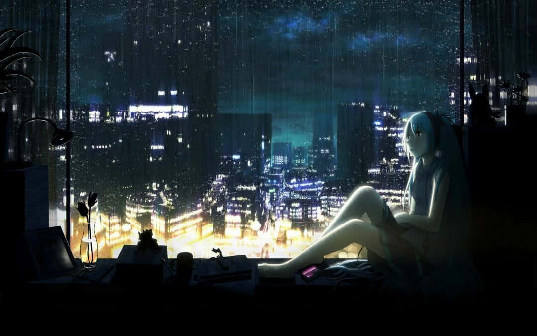 Cartoon Emo City Girl Sit Down Wallpaper