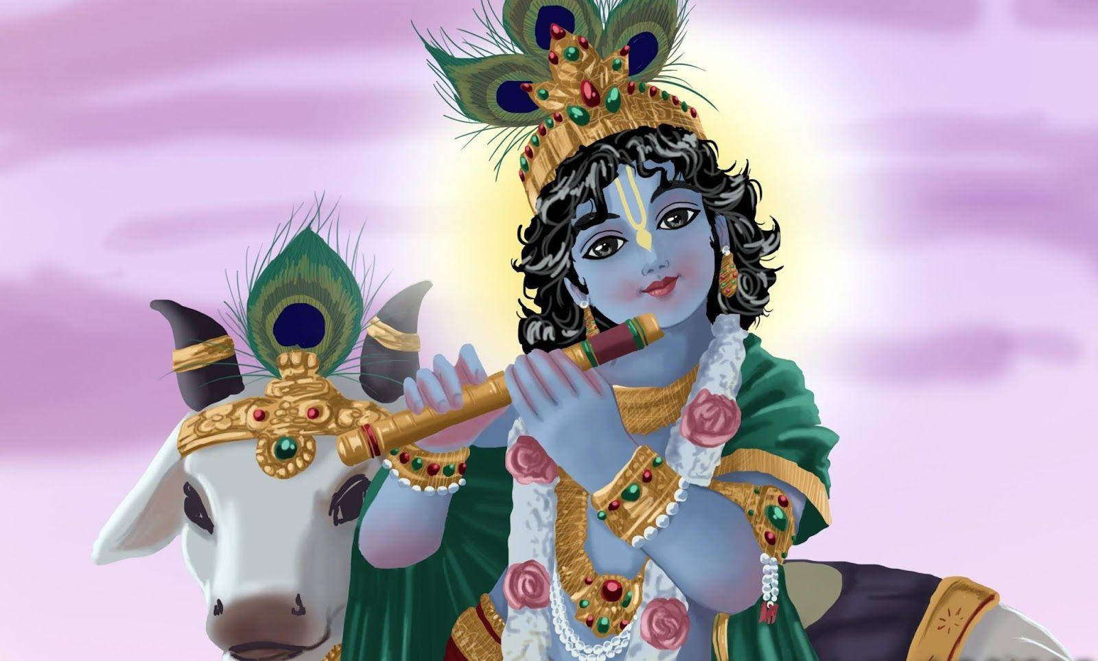 Cartoon Krishna And White Cow Wallpaper