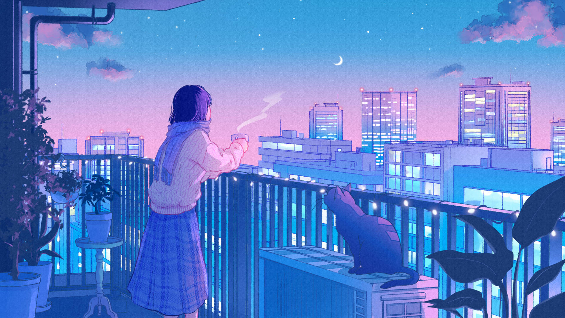 City Lights Anime Cat Wallpaper