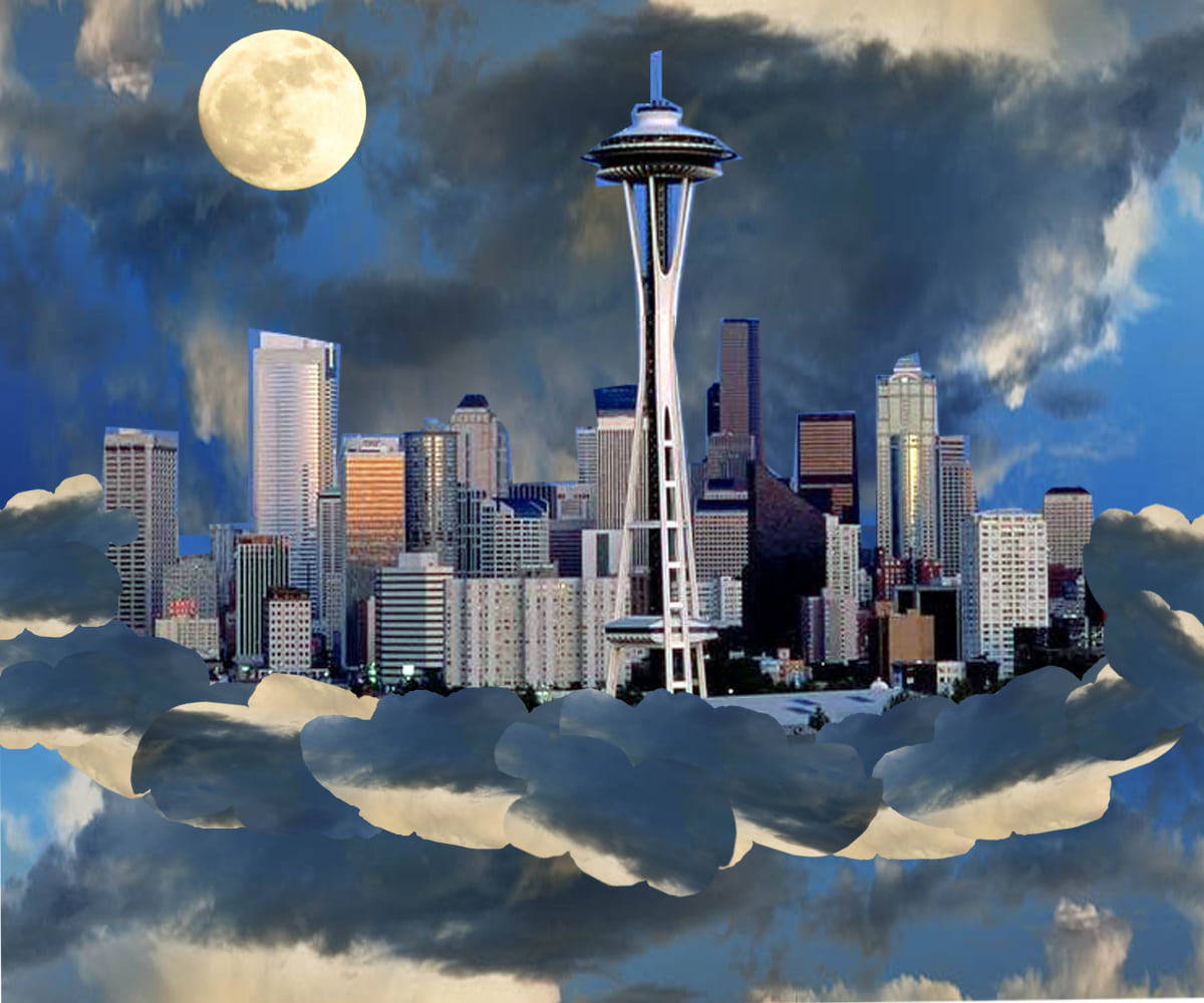 Classic Seattle Rain - Skyline Underneath The Umbrella Of Clouds Wallpaper