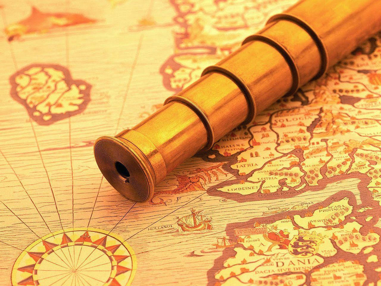 Columbus Day Gold Telescope And Map Wallpaper