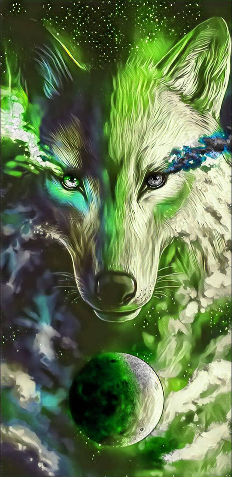 Cool Green Painting Of Galaxy And Wolf Wallpaper