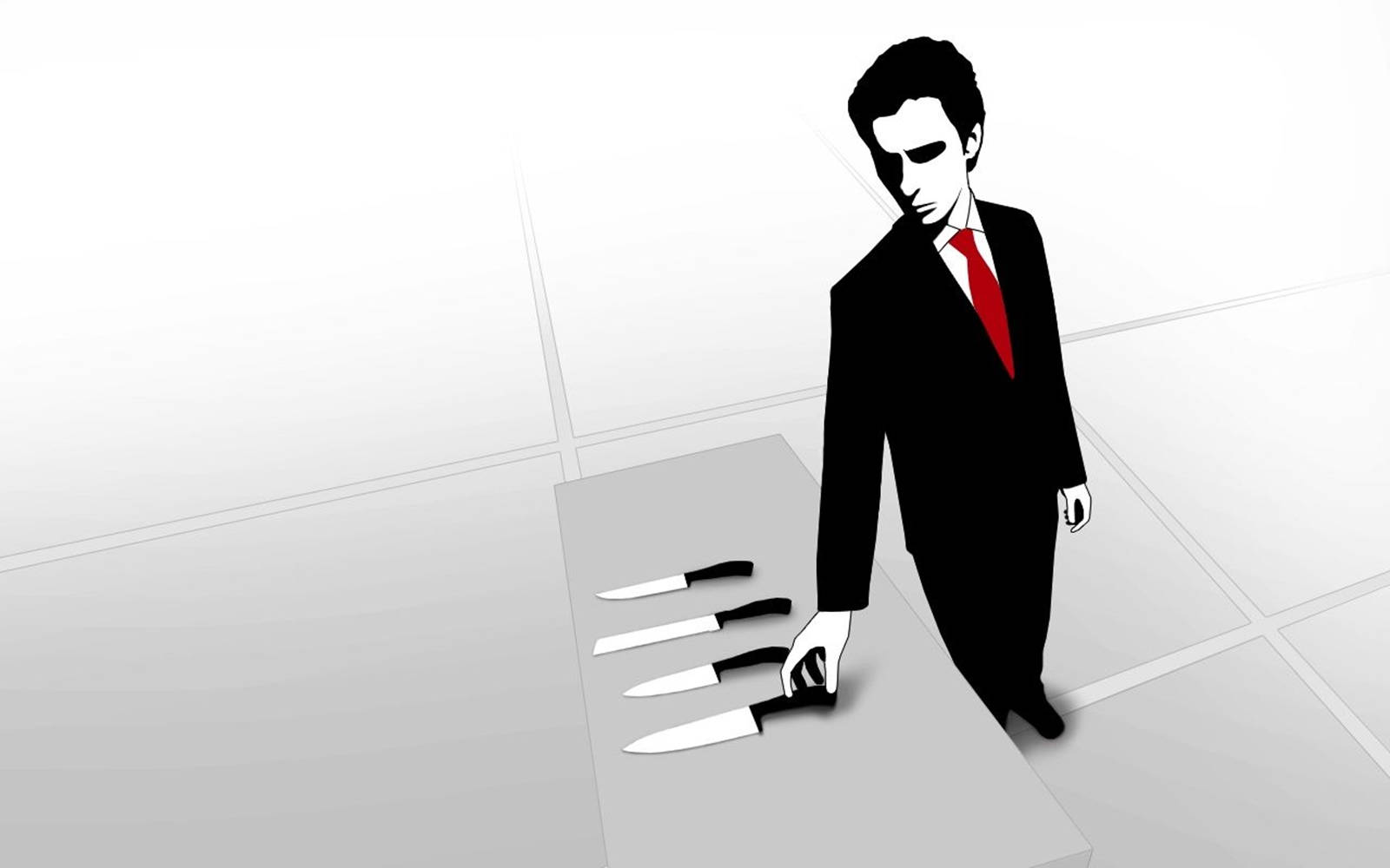 Cool Men American Psycho Patrick Bateman Choosing Knives Wallpaper