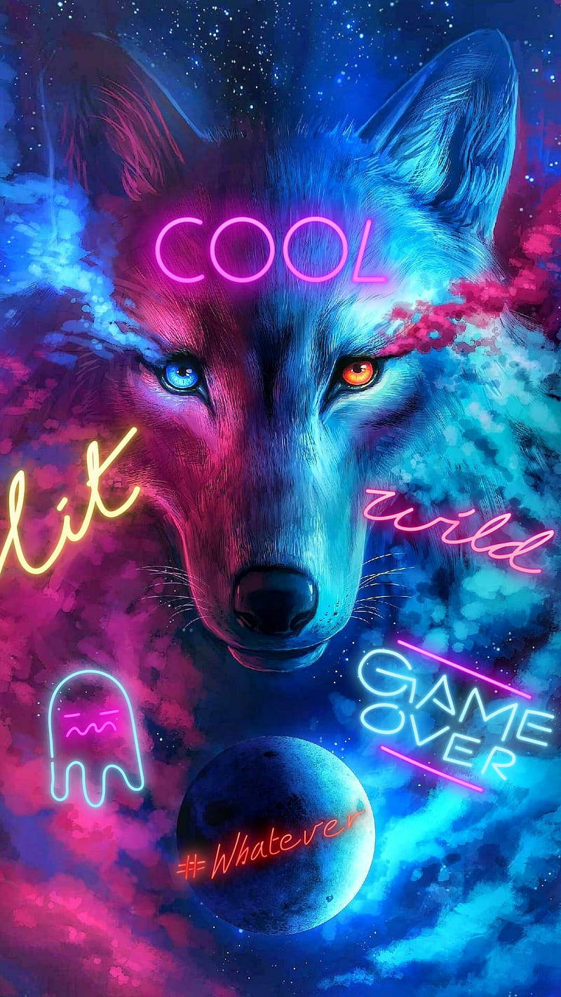 Cool Neon Lights And Galaxy Wolf Wallpaper