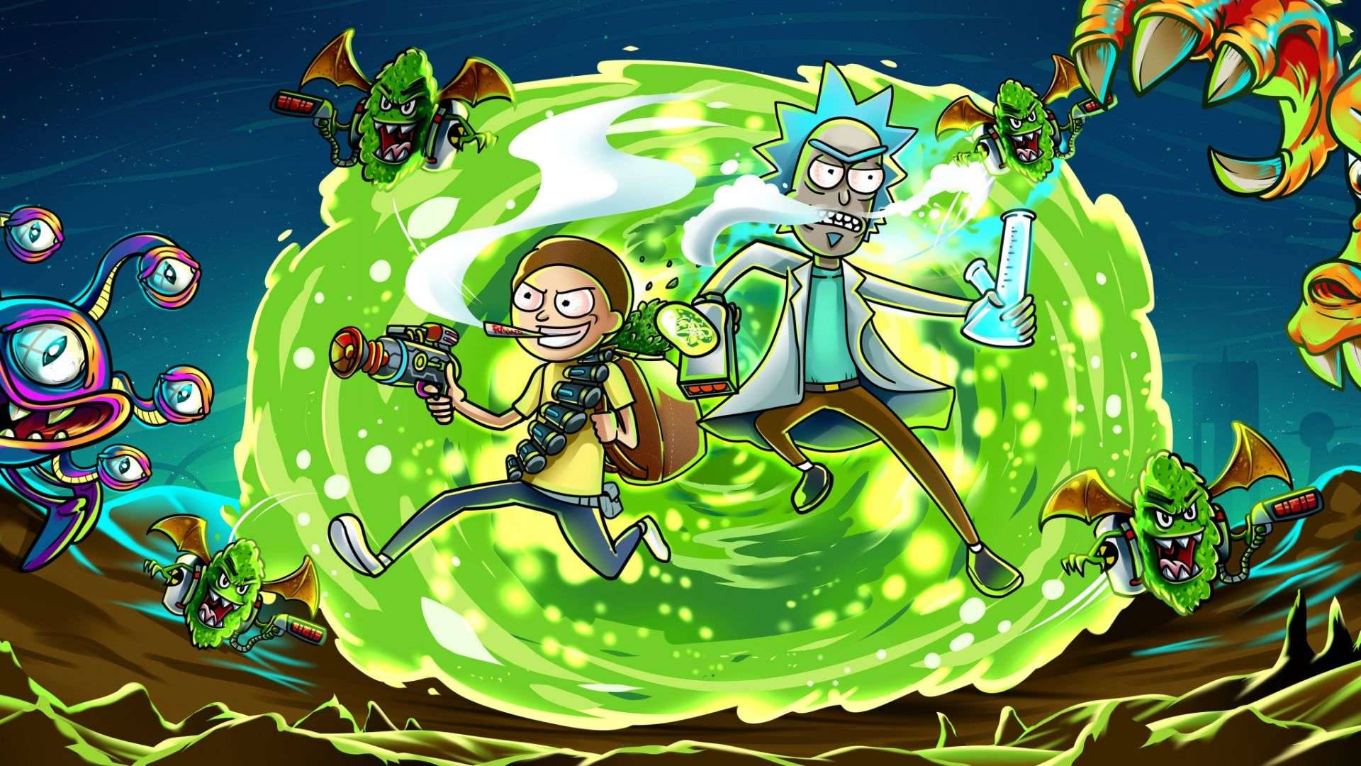 Cool Rick And Morty Fighting Aliens Wallpaper