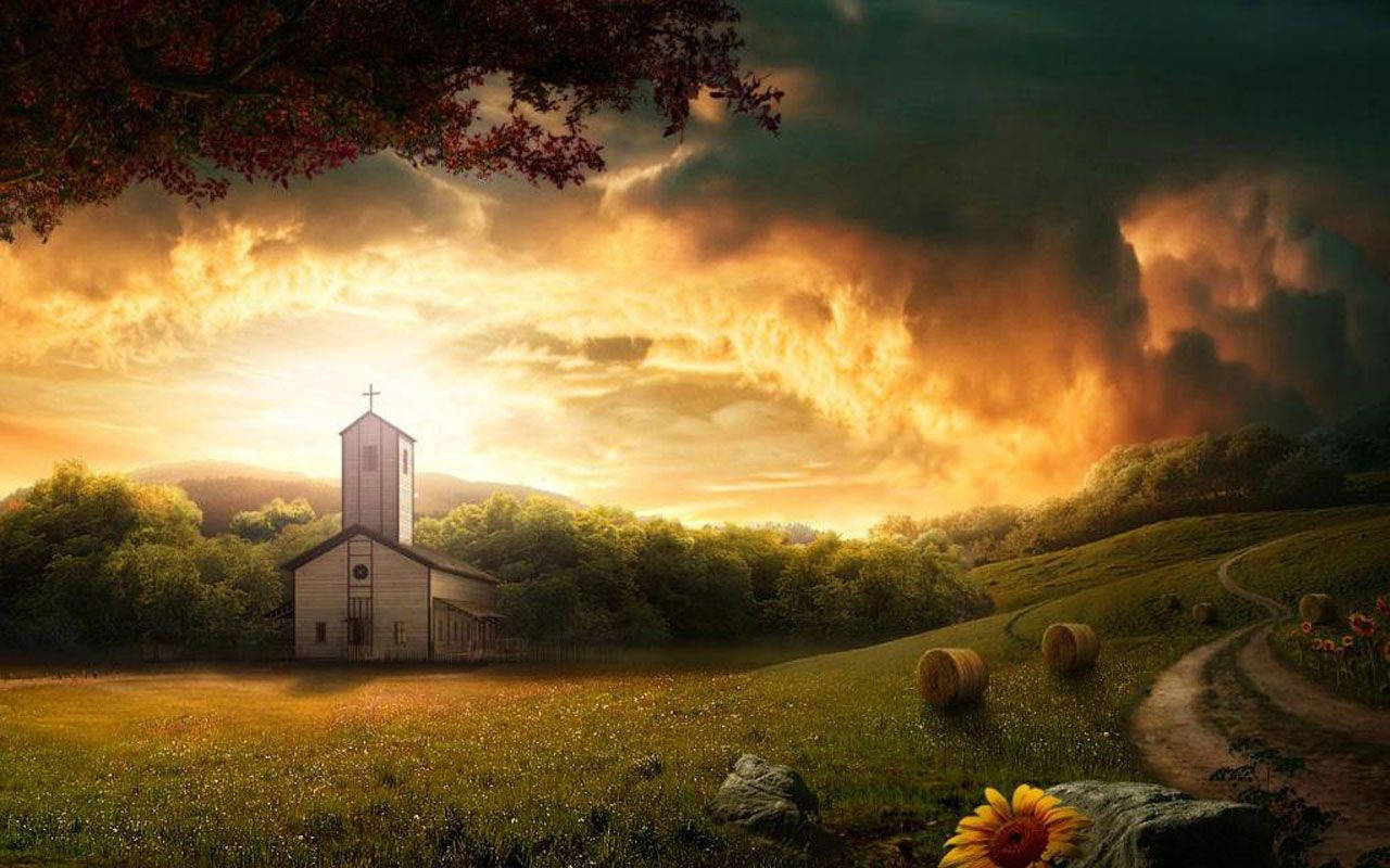 Country Church With Sunflower Wallpaper