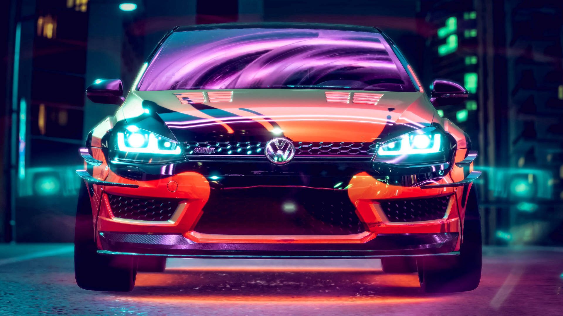 Customized Volkswagen Golf Gti Under The Neon Lights Wallpaper