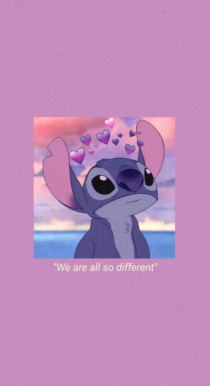 Cute Aesthetic Cartoon Stitch Purple Hearts Wallpaper