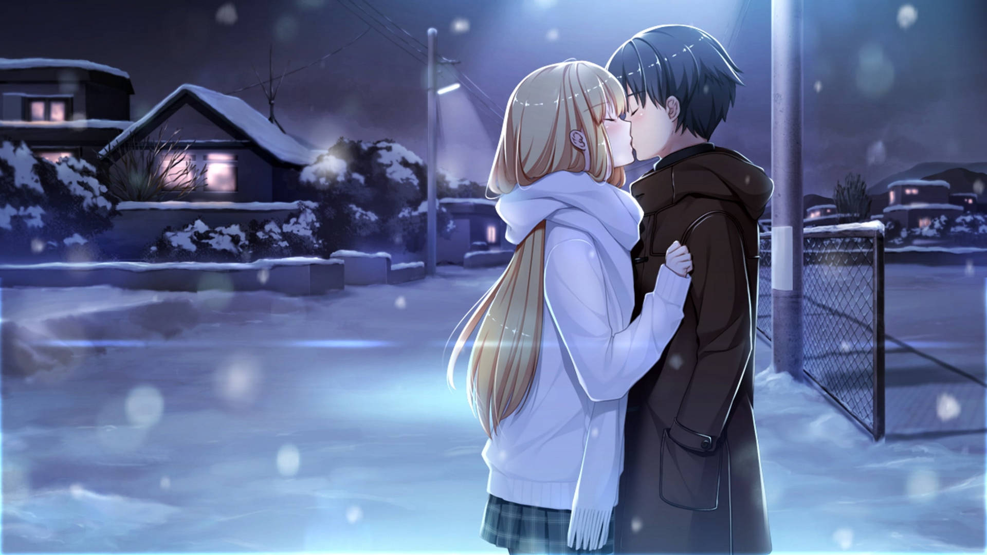 Cute anime couple sharing a kiss on a winter night