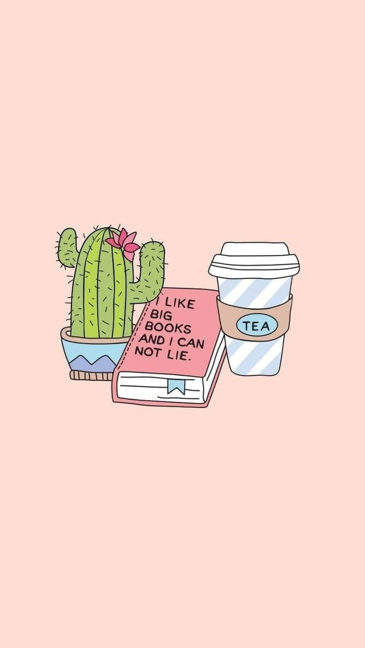Cute Cactus Coffee And Book Wallpaper