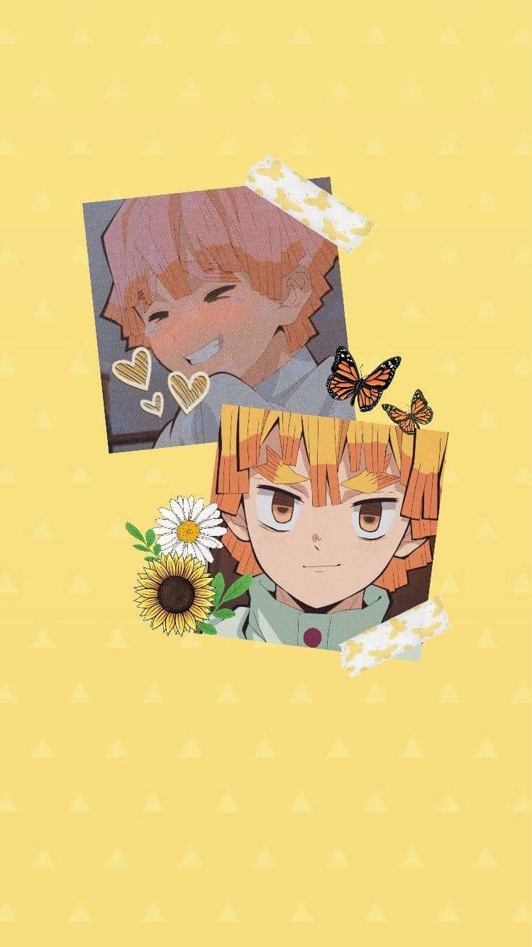 Cute Demon Slayer Character Zenitsu Yellow Aesthetic Collage Wallpaper