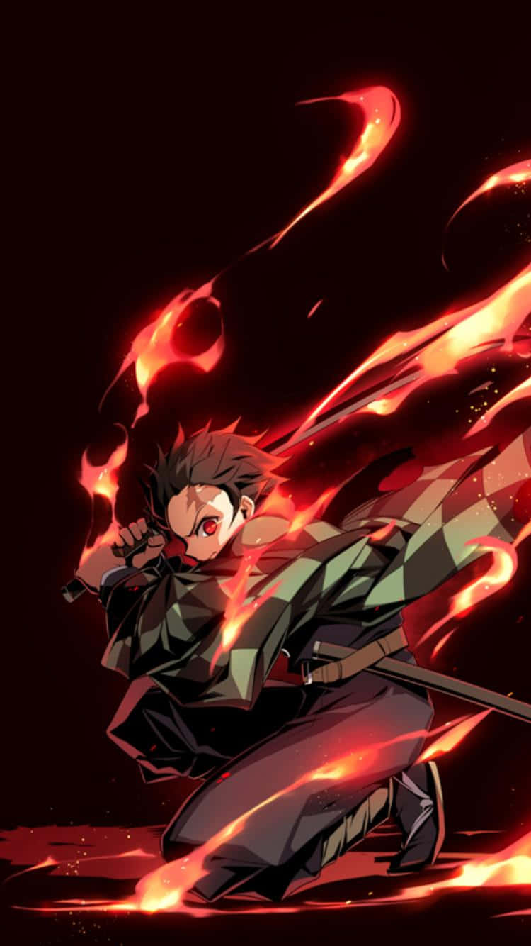 Cute Demon Slayer Tanjiro Kamado With Flames Wallpaper
