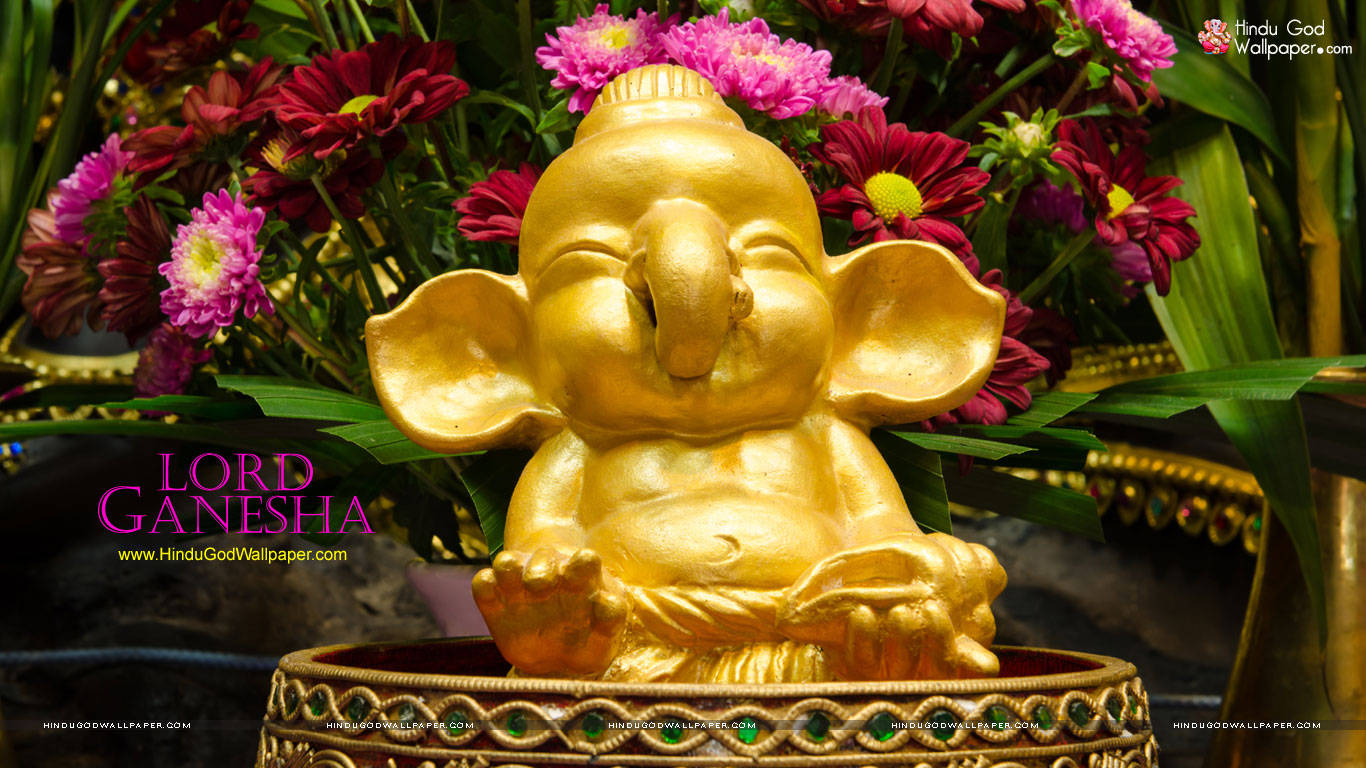 Cute Ganesha Golden Statue In Basket Wallpaper