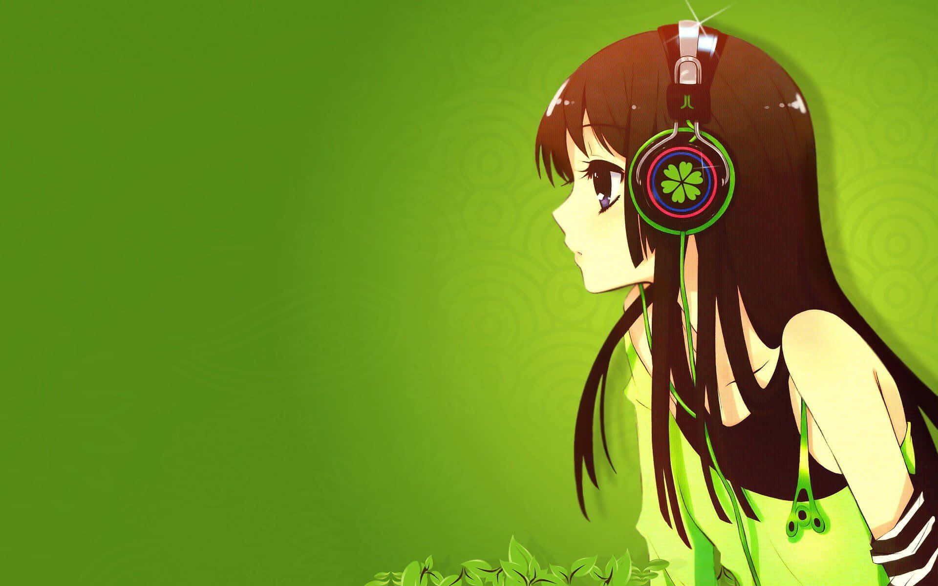 Cute Green Anime Girl Headphones Wallpaper